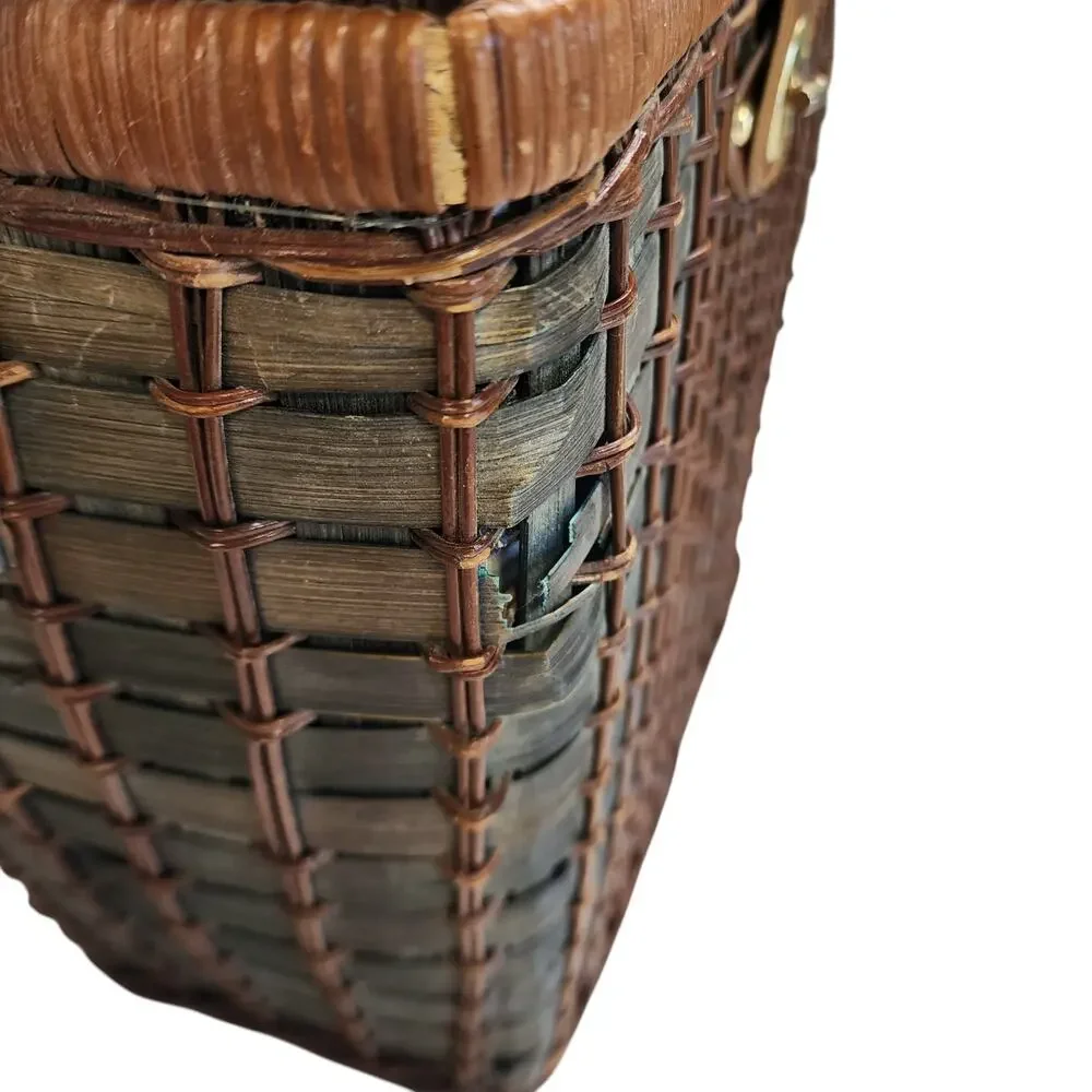 Pier 1 Vintage Wicker Rattan Picnic‎ Basket Service for Two Plaid Lined Utensils